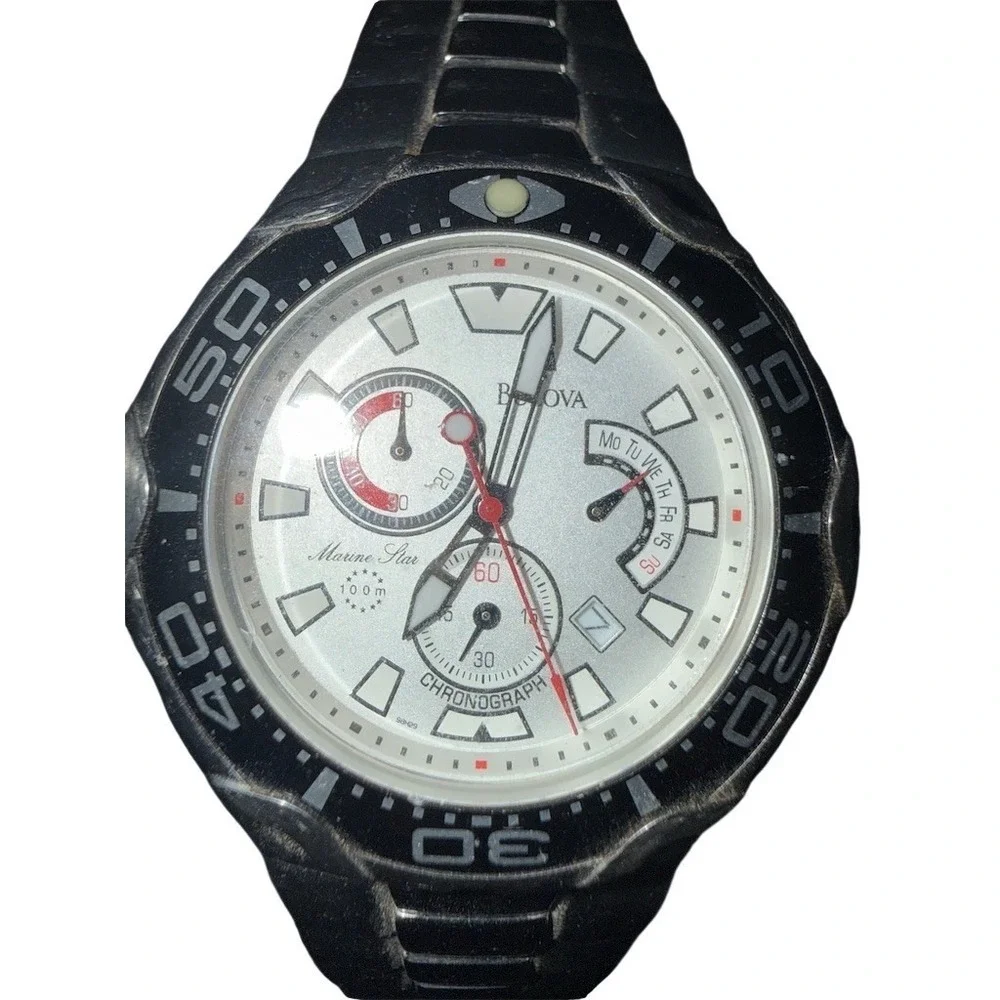 Bulova Marine Star Chronograph Men Watch Silver Dial Black‎ rotate Bezel quartz